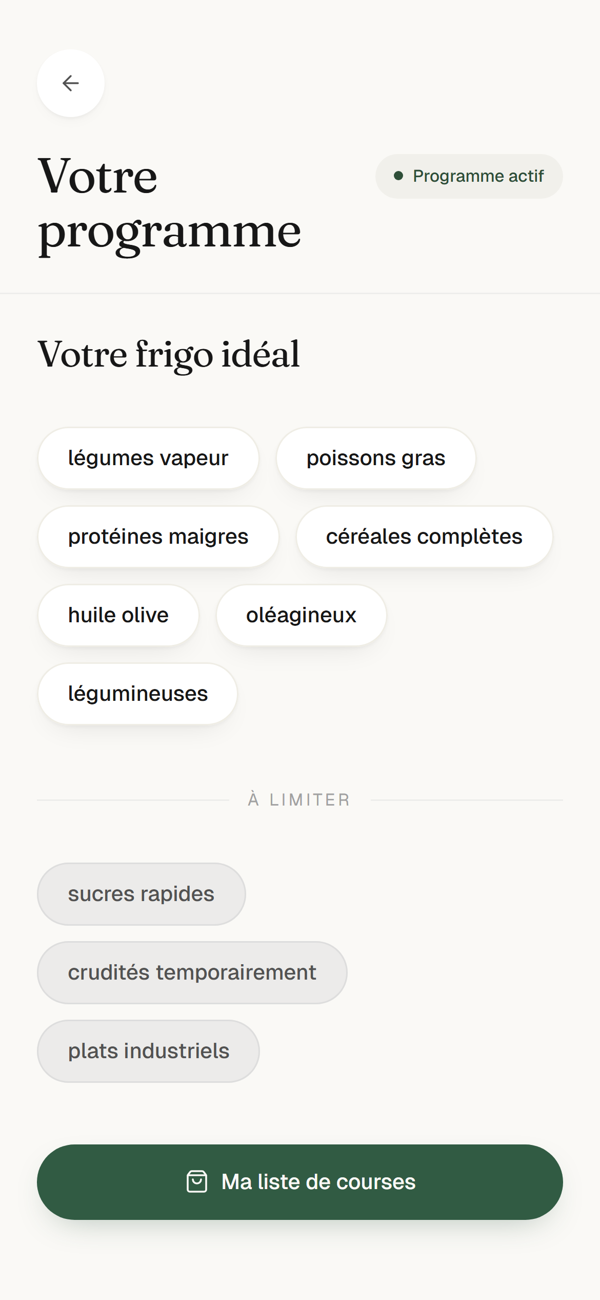 Écran Votre frigo — liste de courses dérivée des recettes