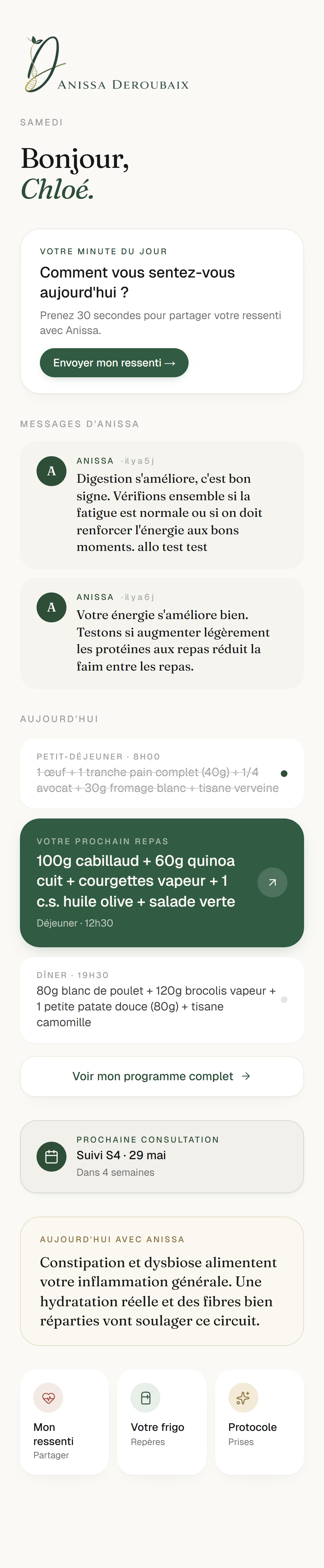 Écran d'accueil — bonjour Chloé, votre prochain repas, aujourd'hui