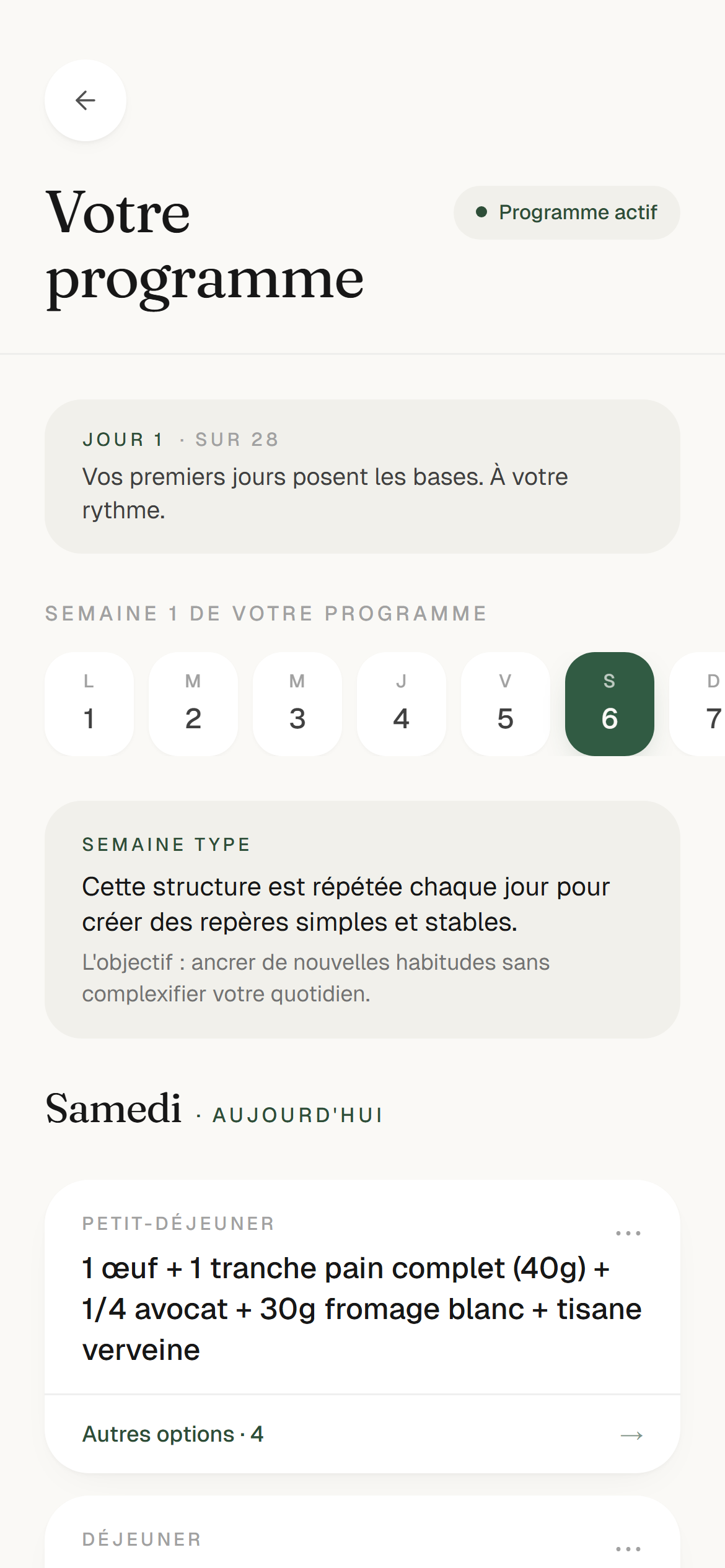 Écran Votre semaine — sélecteur de jour, repas avec alternatives